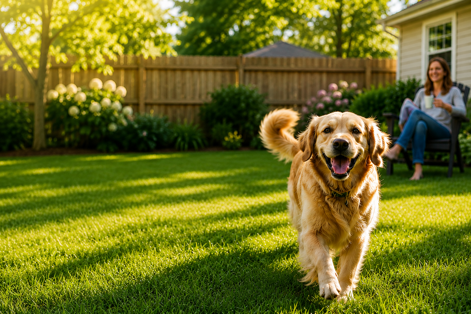 Happy dog enjoying a clean backyard